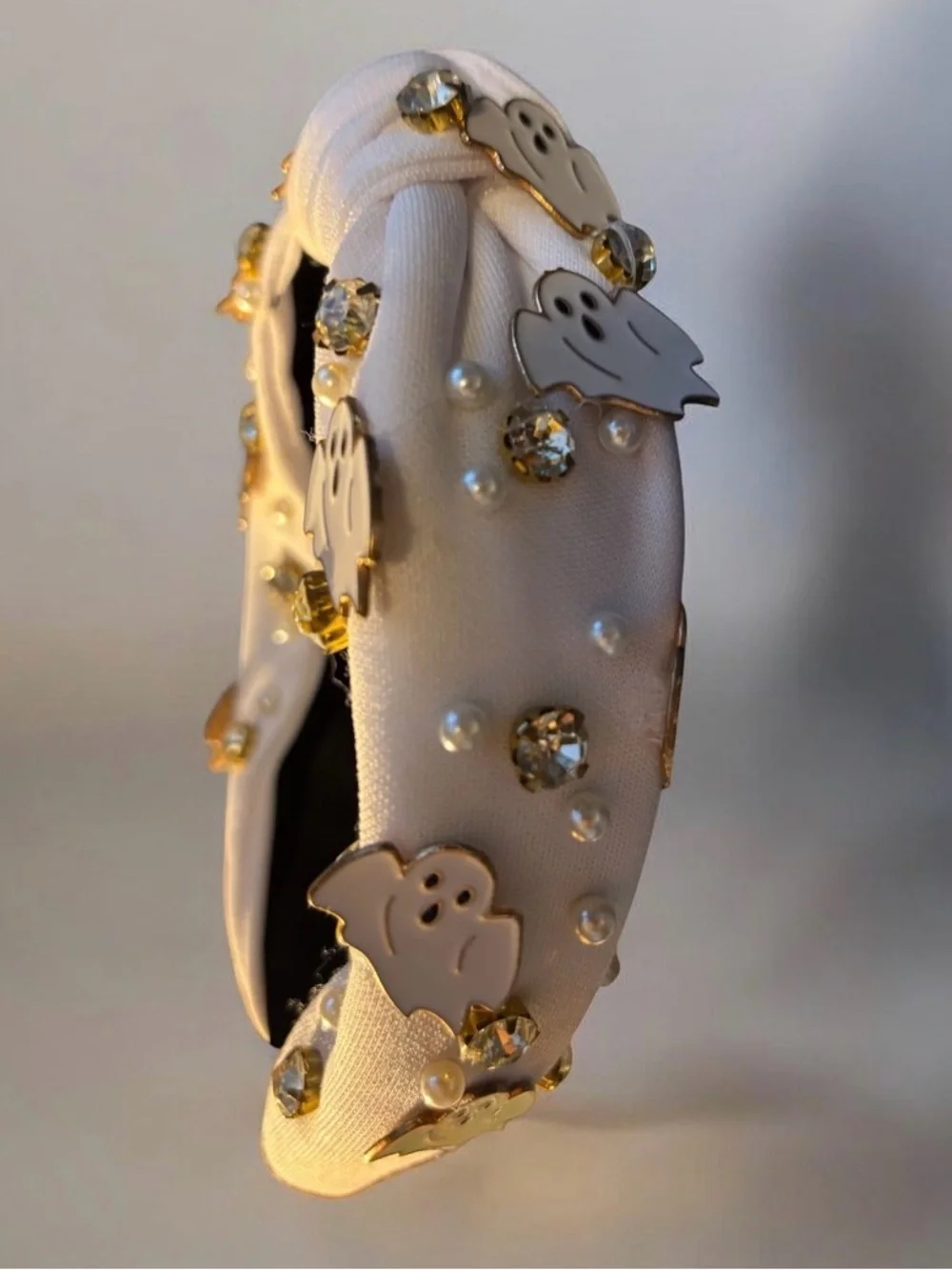 Hand Crafted Ghost Charm Headband with Faux Pearls & Crystals
